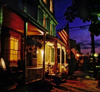 Late summer dusk falls on Maryland, Market, and Shipwright Streets, Annapolis, Maryland. Original: Ektachrome SW; Camera: Nikon FM3a; Lens: Nikkor 35-70mm; Exposure: f/5.6 Auto; Scanner Nikon LS 5000.